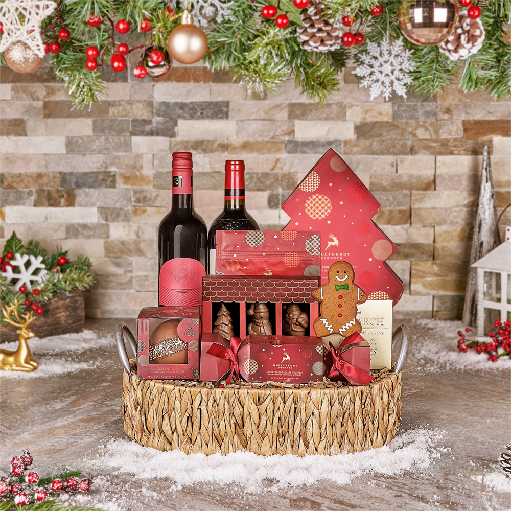 Christmas Wine and Holiday Confection Basket – how the gift is presented