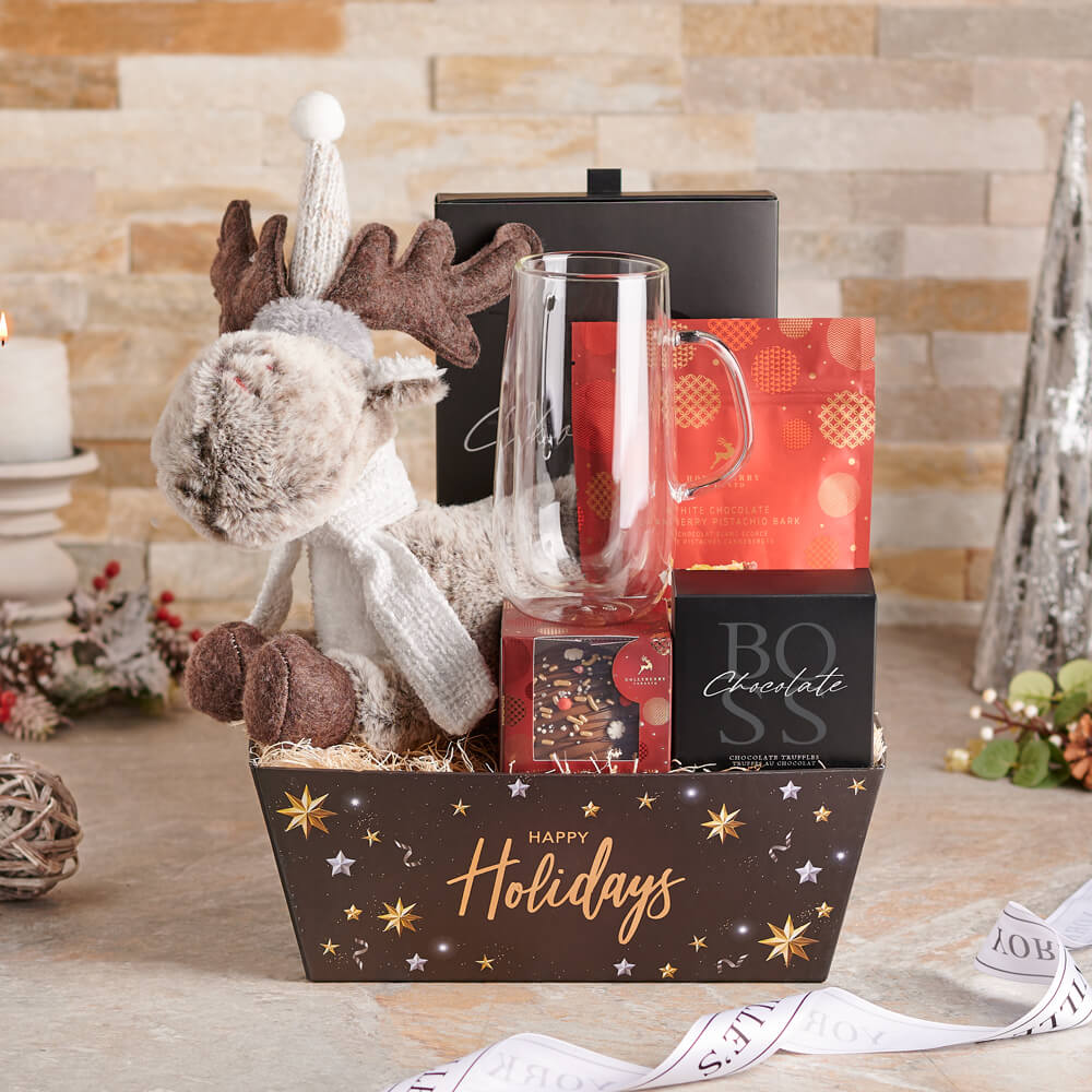 Holiday Dark Chocolate and Assorted Truffles Gift Basket – how the gift is presented