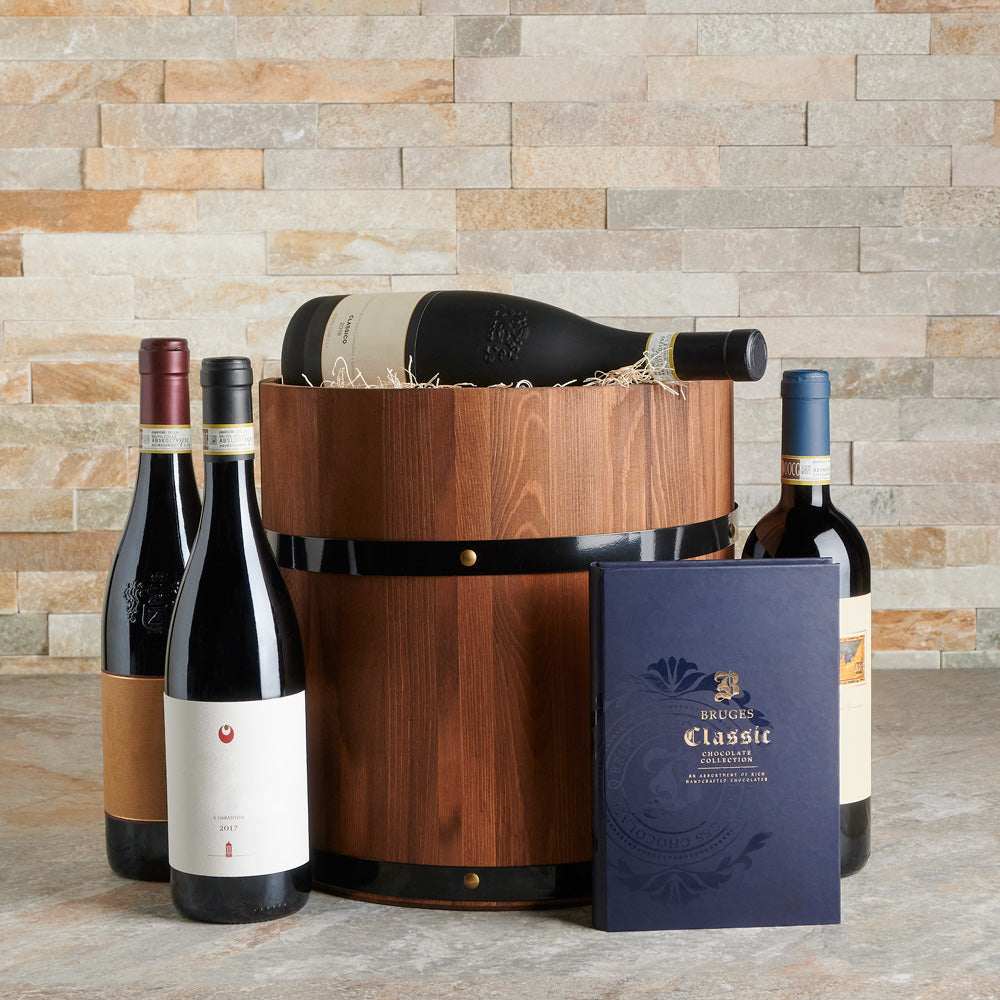 Classic Milk, Dark, and White Chocolate Wine Gift Basket in Wooden Half Barrel – how the gift is presented