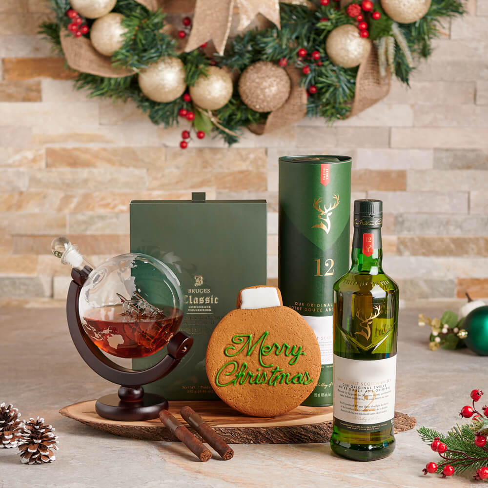 Whiskey Gift Basket with Globe Decanter, Cigars, and Christmas Treats – how the gift is presented