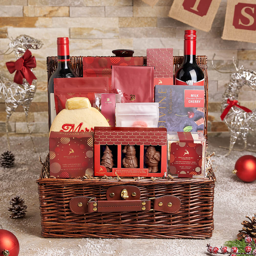 Holiday Wine Gift Basket with Chocolate Covered Cherries and More – how the gift is presented