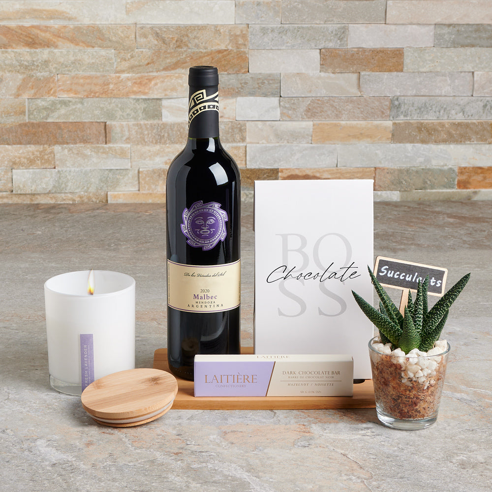 Deluxe Wine and Chocolate Covered Caramels Gift Basket – how the gift is presented