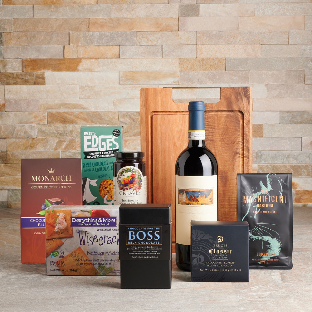 Wine with Chocolate and Espresso Basket – how the gift is presented