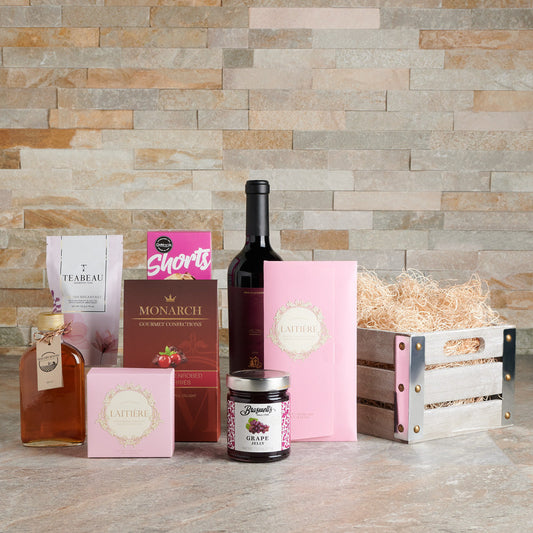 Sweetheart’s Delight Chocolate & Wine Gift Set, wine gift baskets, chocolate gift baskets, gift, baskets, wine, chocolate, maple syrup, jelly, cranberries, cranberry, tea