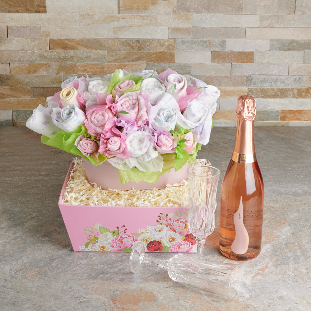 Deluxe Baby Girl Gift Tray with Sparkling Wine – how the gift is presented
