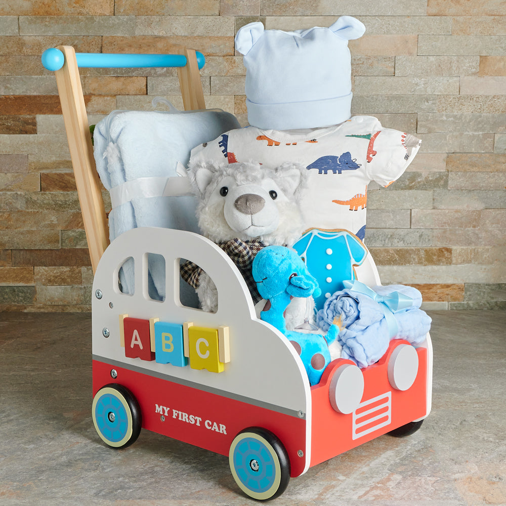 New Baby Blue Onesie Gift Basket – how the gift is presented