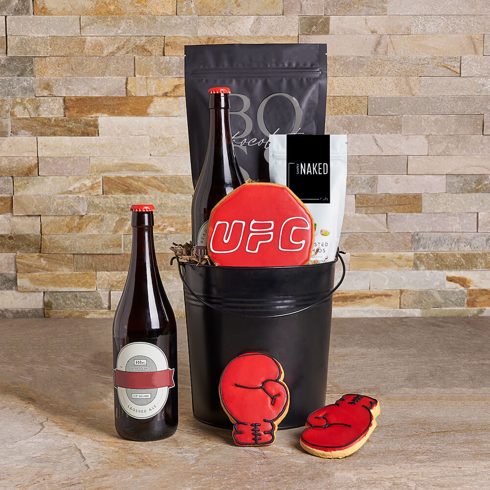 Mixed Martial Arts Themed Beer Gift Bucket with Gourmet Snacks – how the gift is presented