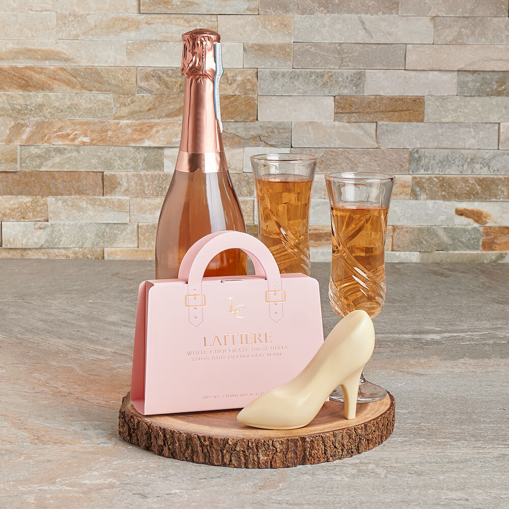 Cheerful Champagne & Heel Gift Set, champagne gift, champagne, sparkling wine gift, sparkling wine, chocolate gift, chocolate, gourmet gift, gourmet