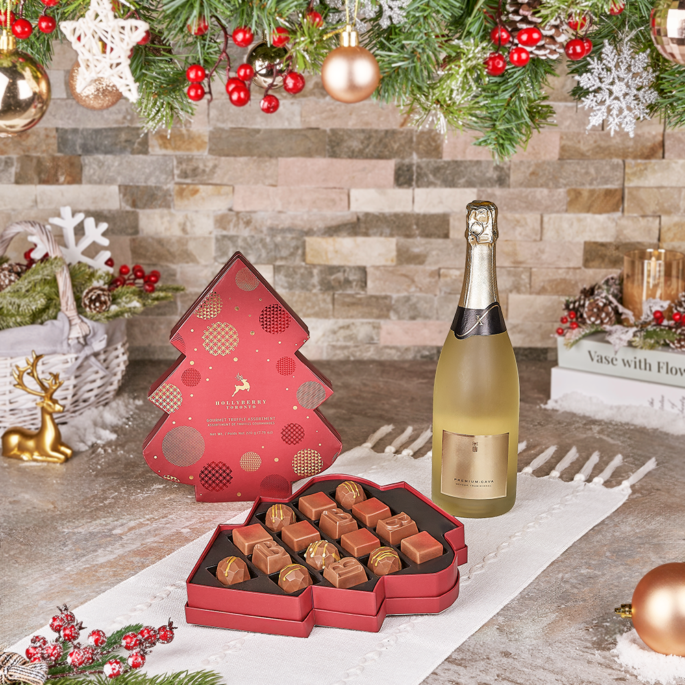 Christmas Champagne & Chocolate Gift Basket, christmas gift, christmas, chocolate gift, chocolate, sparkling wine gift, sparkling wine, champagne gift, champagne