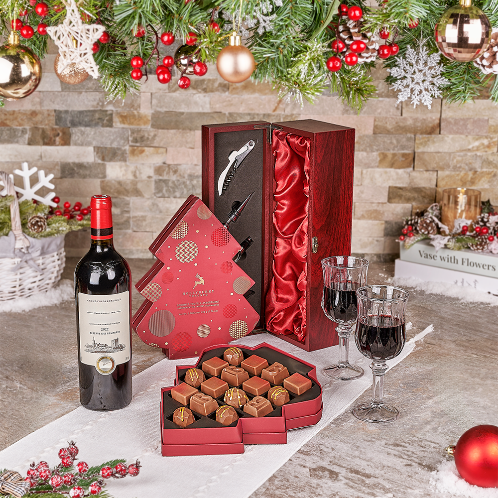 Wine Christmas Chocolate Gift Basket – how the gift is presented