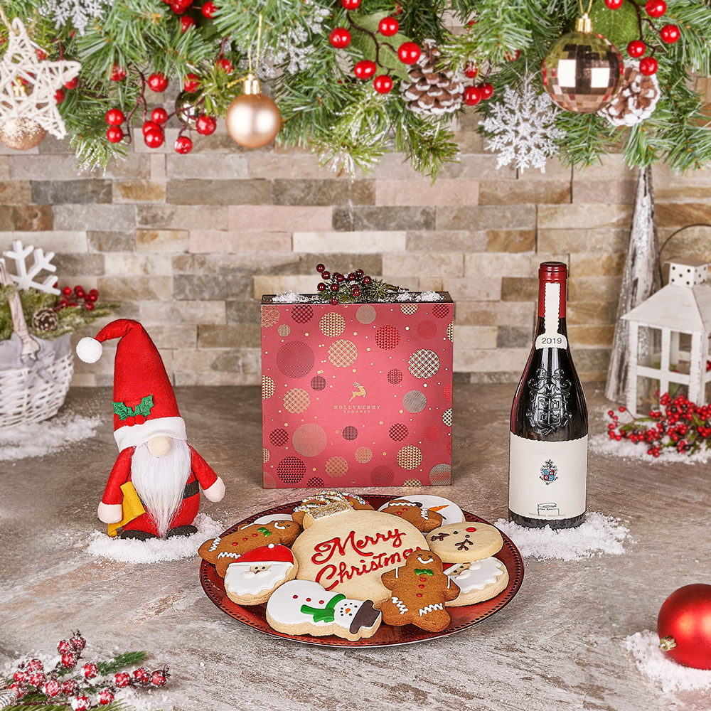 Holiday Wine and Assorted Cookies Gift Basket – how the gift is presented