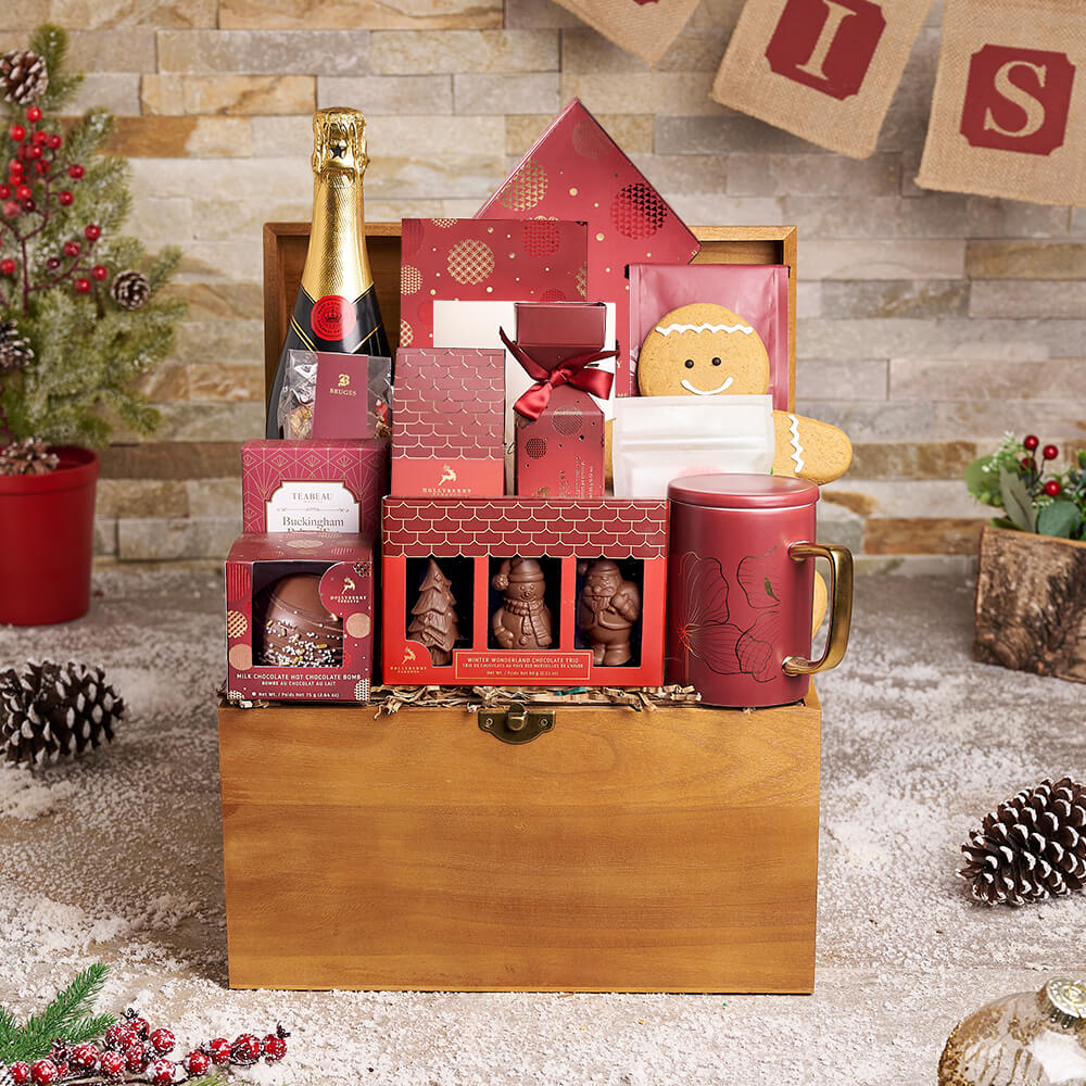 Sparkling Wine Holiday Gift Basket with Exquisite Confections – how the gift is presented