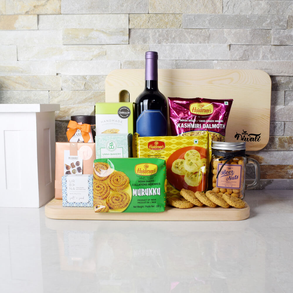 Diwali Wine Basket with Soan Cake – how the gift is presented