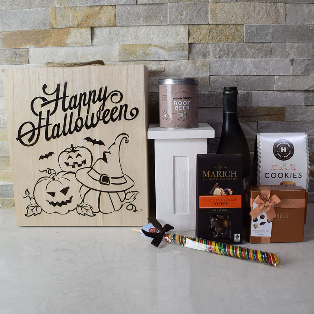 Wine and Halloween Chocolate Gift – how the gift is presented