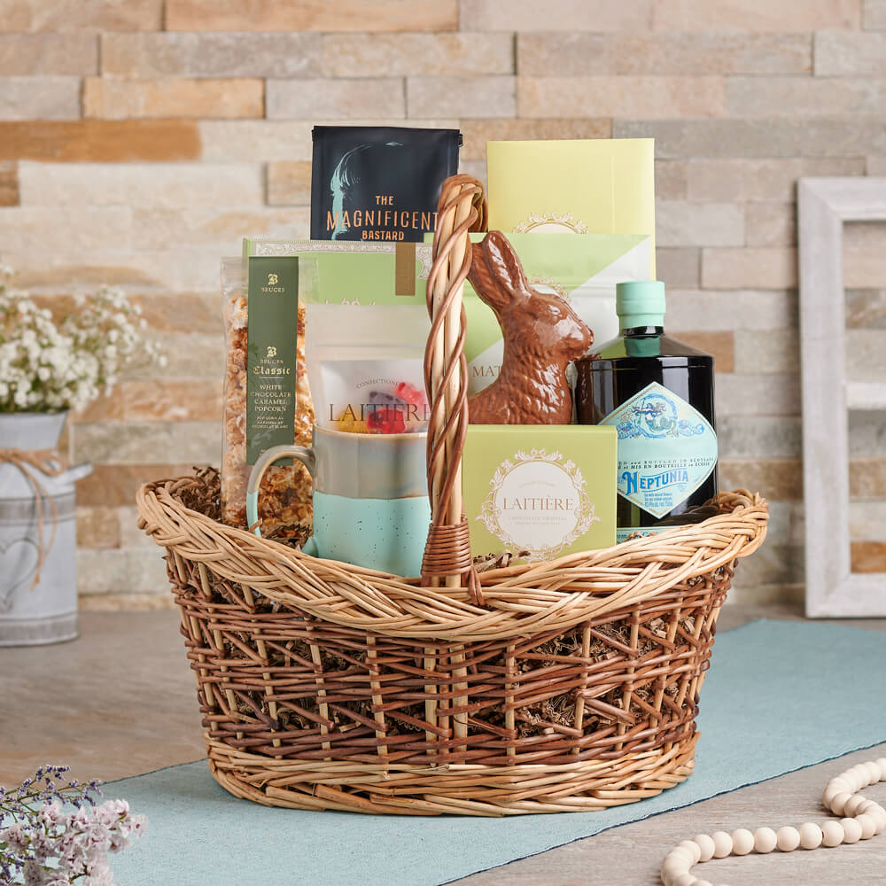 Classic Easter Liquor Basket with Chocolates – how the gift is presented