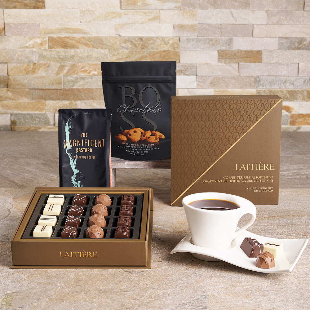Magnificent Bastard Coffee and Laitière Chocolate Gift Basket – how the gift is presented