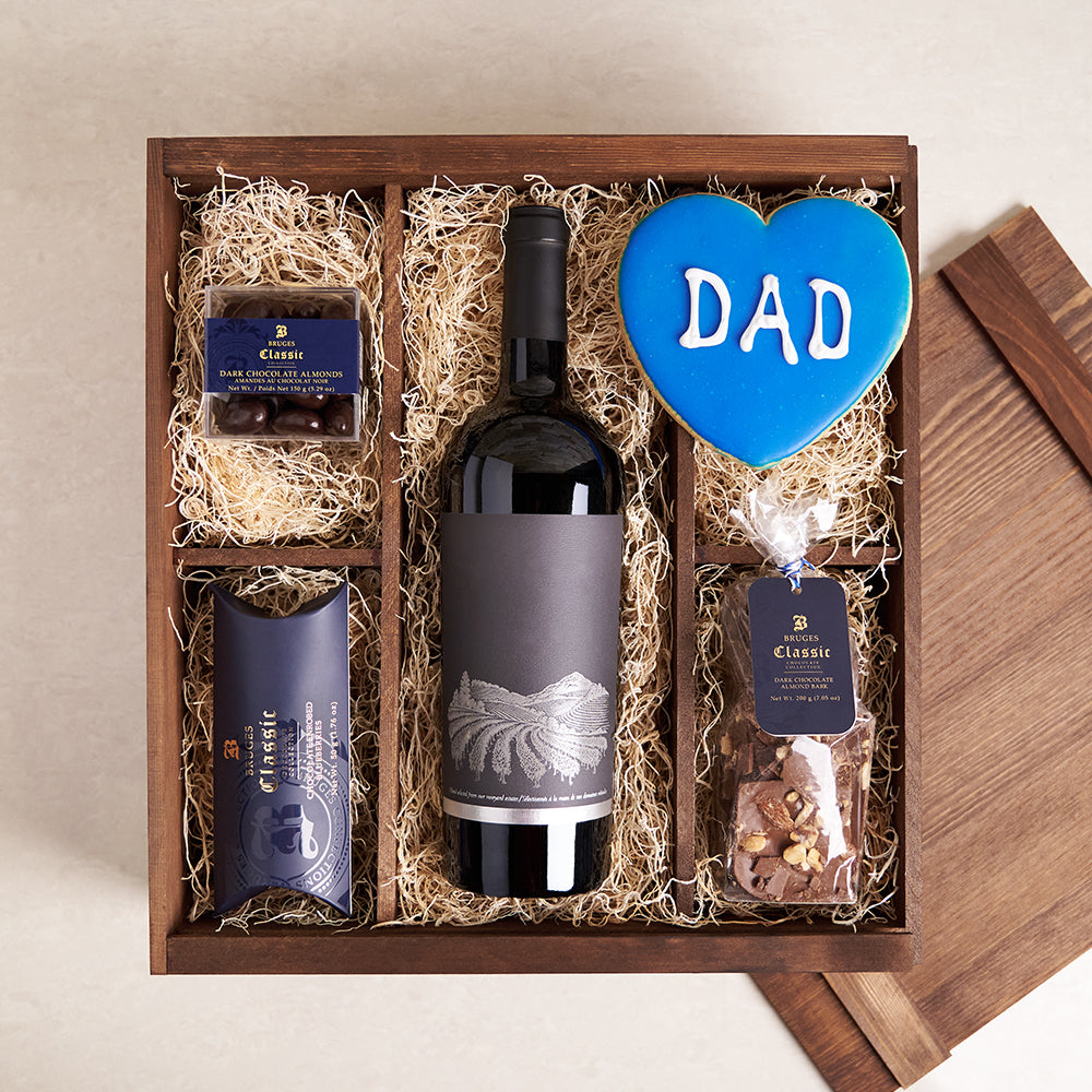 Father's Day Red Wine and Chocolate Confections Gift Set – how the gift is presented