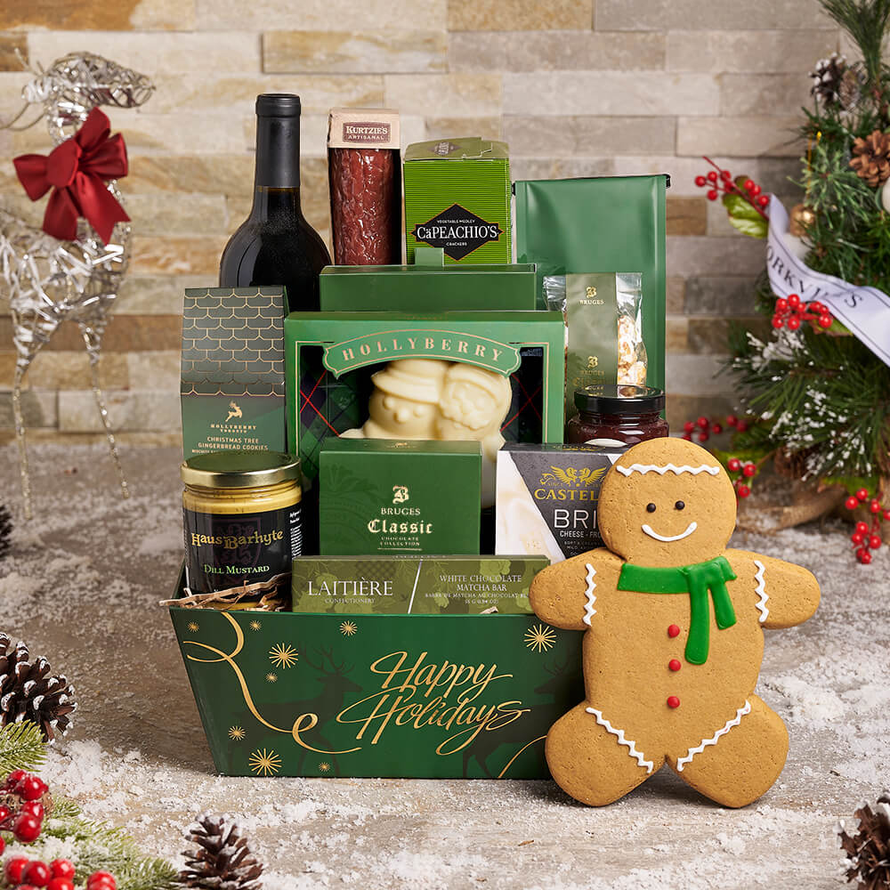 Festive Market Tray Wine Gift with Handmade Gingerbread and Chocolates – how the gift is presented