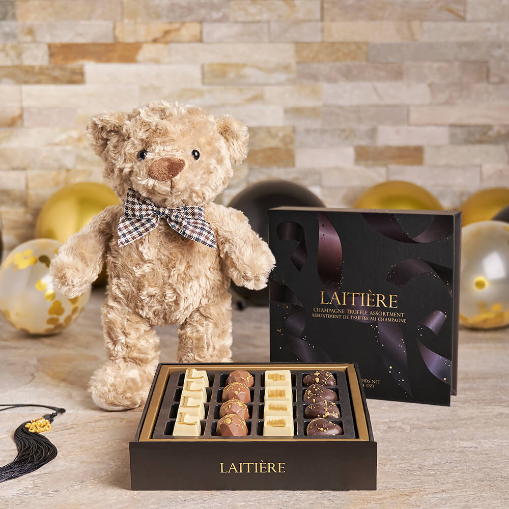 Plush Teddy Bear and Champagne Truffles – how the gift is presented