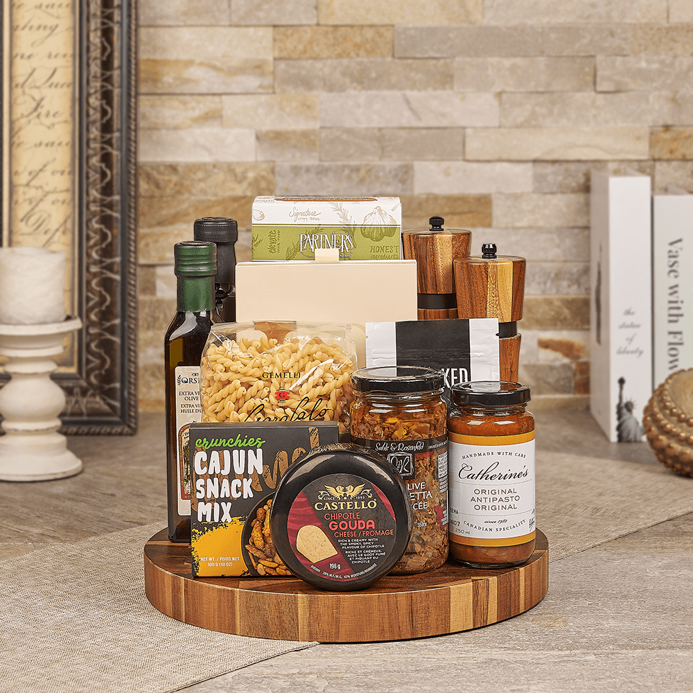 Halal Pasta and Gourmet Snack Cutting Board Set with Acacia Mills – how the gift is presented