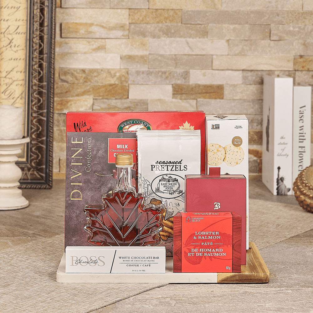 Halal Gourmet Seafood and Chocolate Gift Set with Serving Board – how the gift is presented
