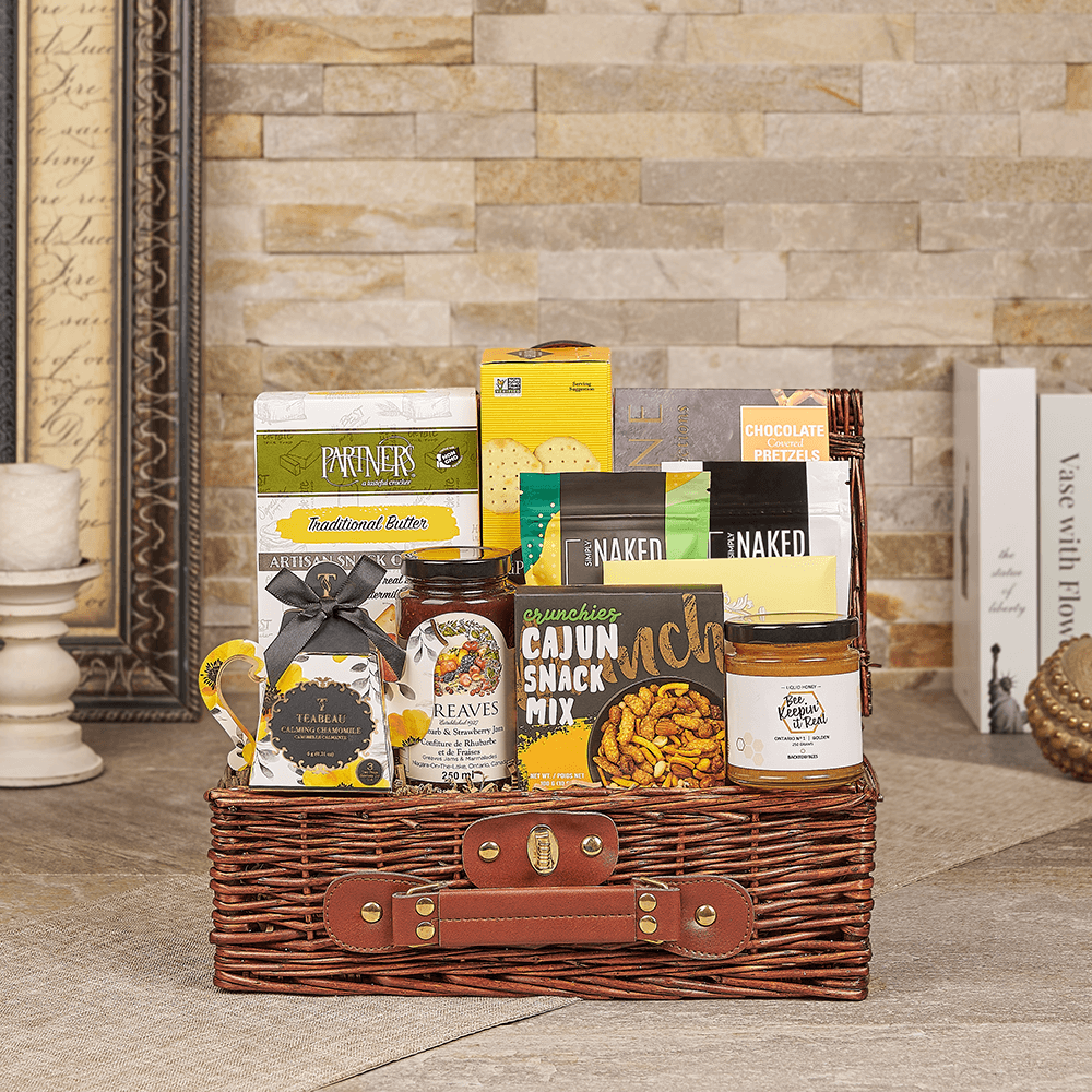 Halal Tea & Gourmet Snack Basket in Traditional Rectangular Willow Picnic – how the gift is presented