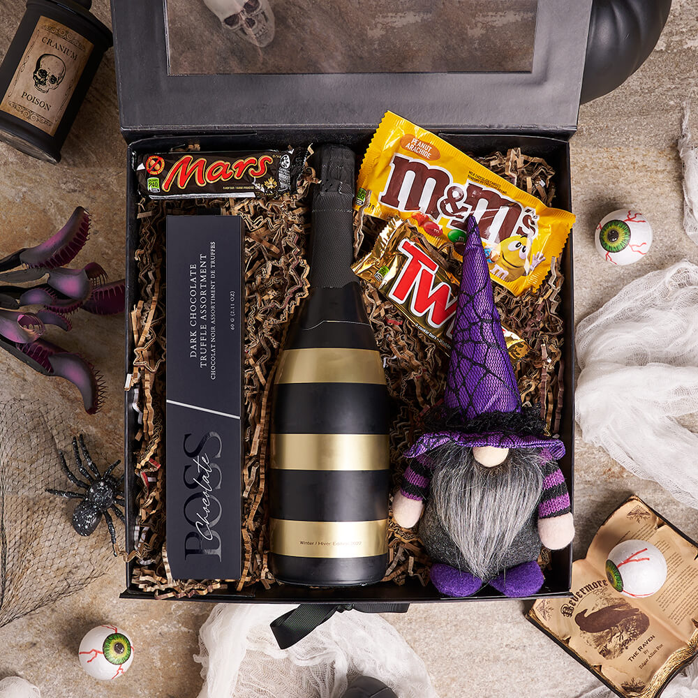 Happy Halloween Champagne Gift Basket, champagne gift, champagne, sparkling wine gift, sparkling wine, gourmet gift, gourmet, halloween gift, halloween, candy gift, candy