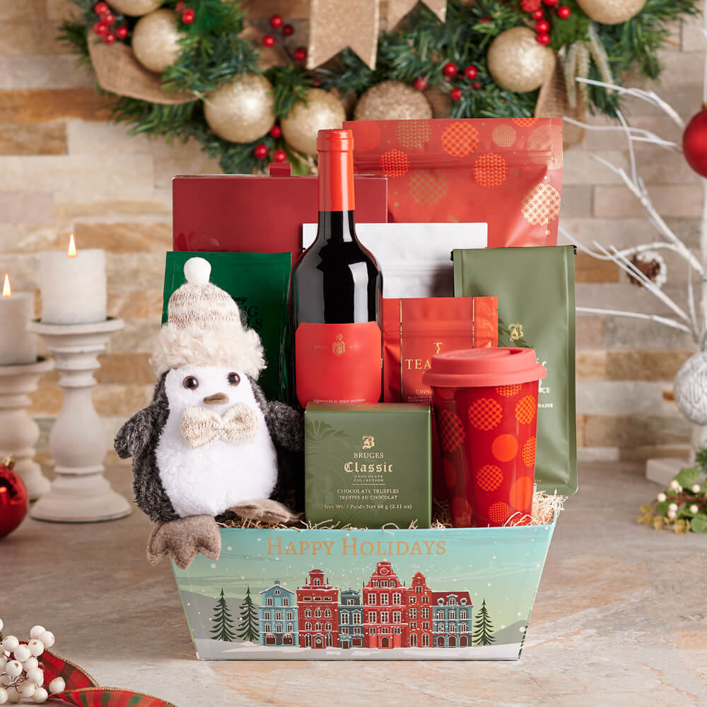 Wine Gift Basket Featuring Holiday Sweets – how the gift is presented