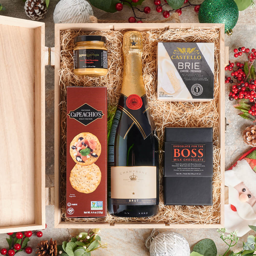 Holiday Champagne & Appetizer Gift Box – Christmas gift baskets