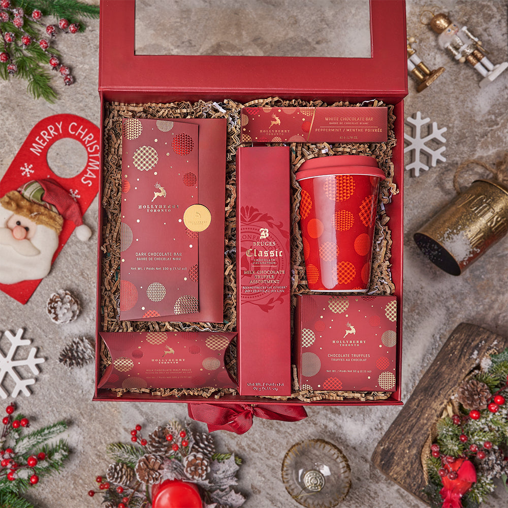 Festive Chocolate Treats Gift Basket with Travel Cup – how the gift is presented