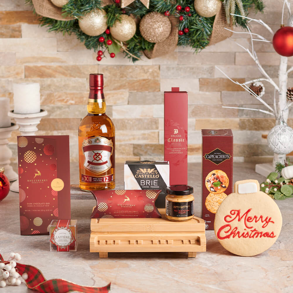 Holiday Liquor Gift Basket Featuring Whiskey and Artisan Snacks – how the gift is presented