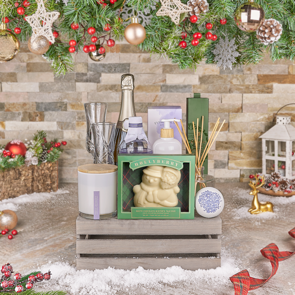 Holiday Bubbly & Spa Gift Crate, christmas gift, christmas, champagne gift, champagne, sparkling wine gift, sparkling wine, chocolate gift, chocolate, spa gift, spa, Canada delivery