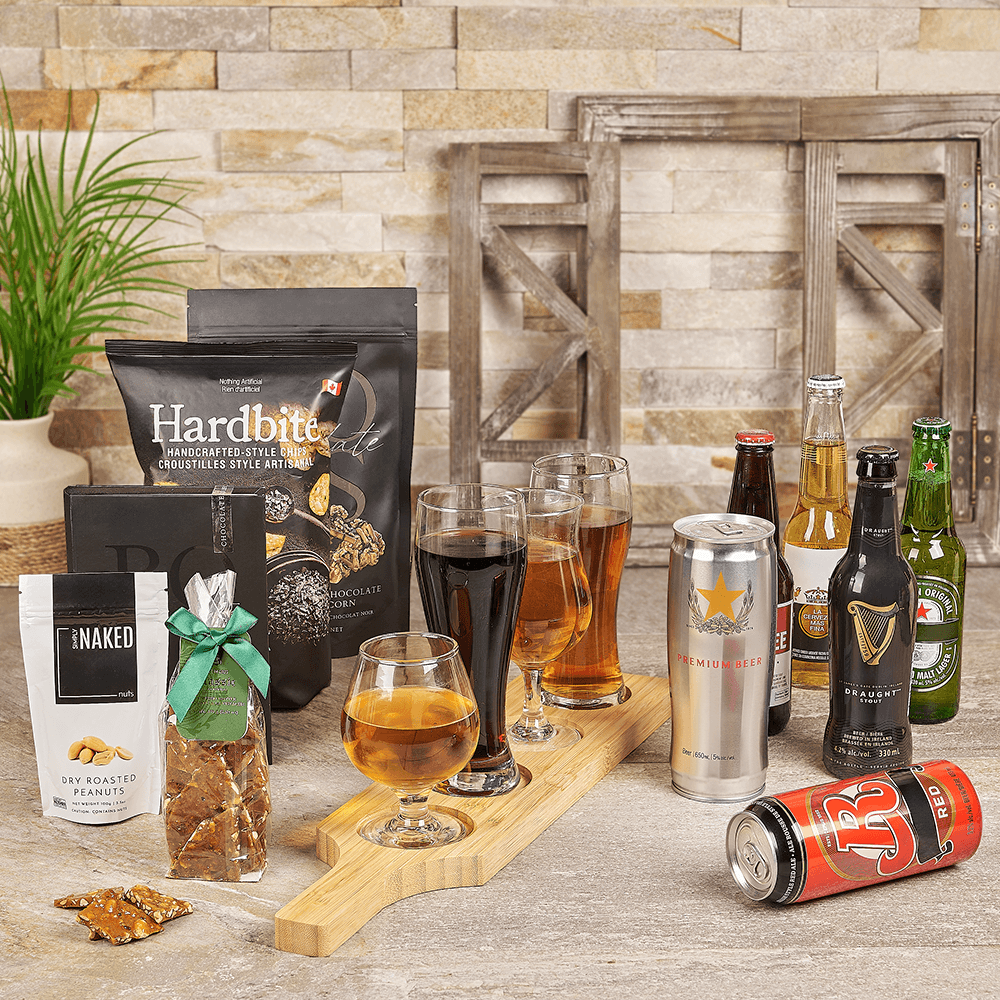 Premium Beer Flight Gift Basket with Gourmet Chocolates and Chips – how the gift is presented