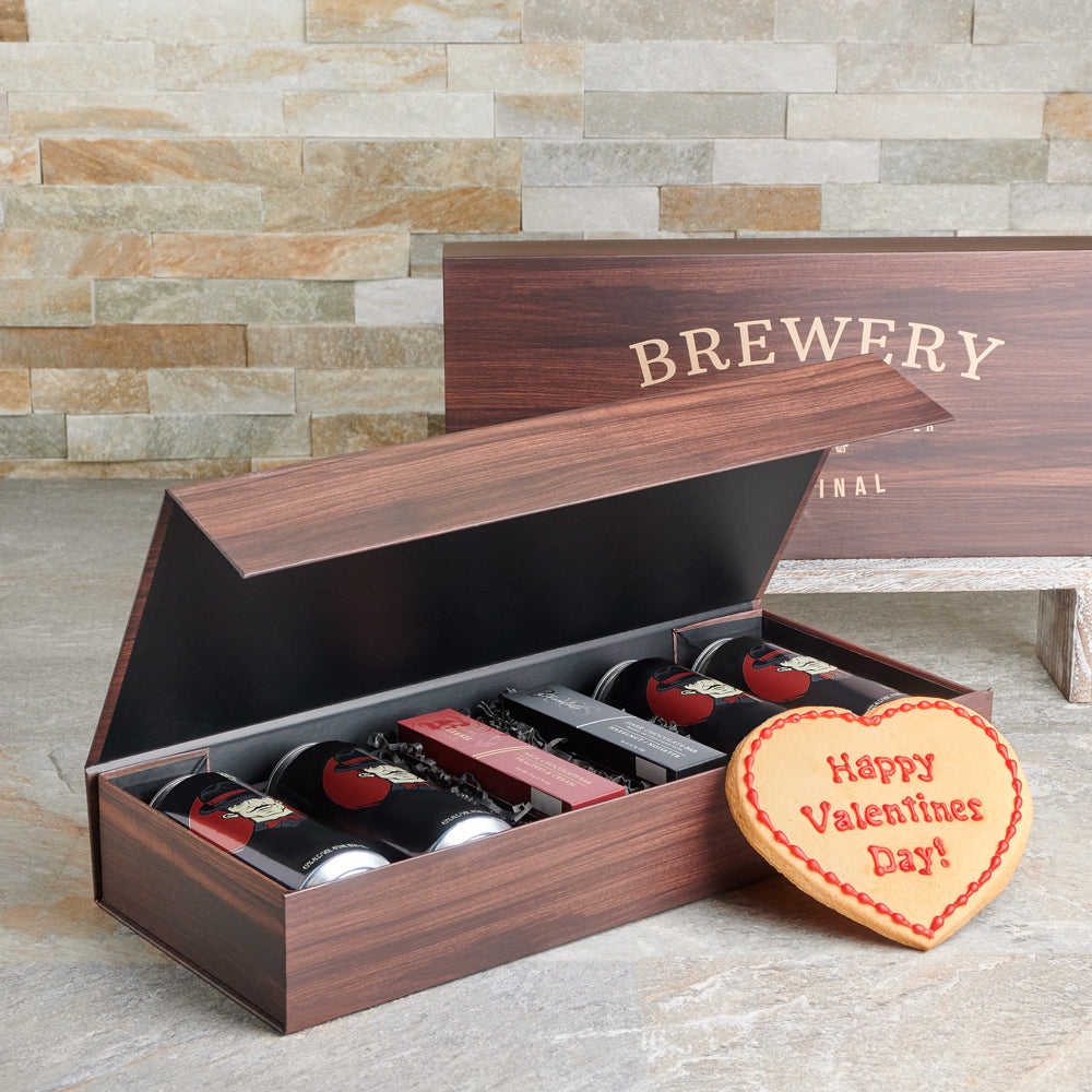 Valentine's Day Beer Gift Basket with Artisan Chocolates and Cookie – how the gift is presented
