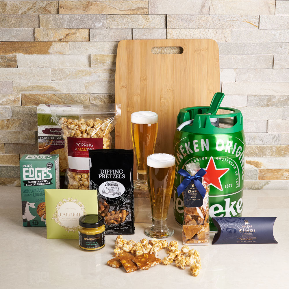 Heineken Gift Basket, beer gift sets, gourmet gifts, beer keg, beer, chocolate, pretzels, peanuts, snacks