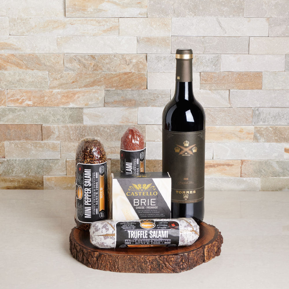 Gourmet Wine Gift Basket with Brie Cheese and Salami on Live Edge Serving Board – how the gift is presented