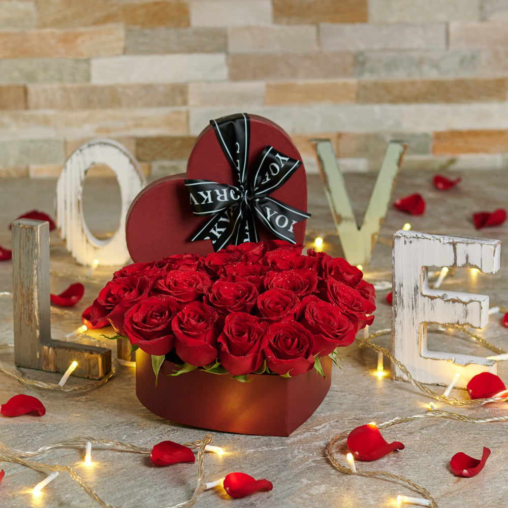Valentine's 22-24 Red Roses in Heart-Shaped Box with Chocolates – how the gift is presented