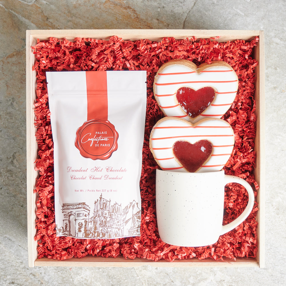 Deluxe Hot Chocolate and Heart Jelly-Filled Cookies Gift Basket – how the gift is presented