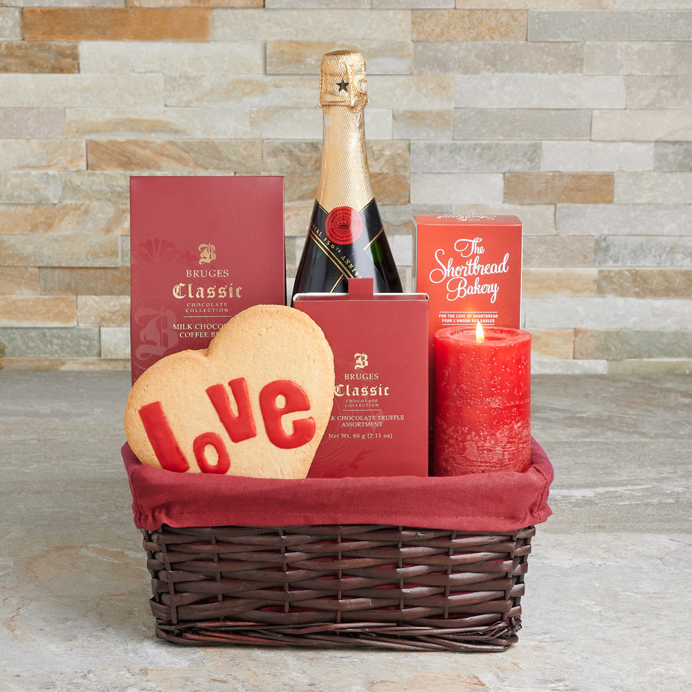 Valentine's Day Sparkling Wine Gift Basket with Rustic Candle and Chocolates – how the gift is presented