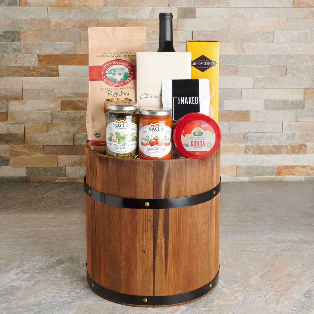 Premium Wine Gift Basket in Barrel – how the gift is presented