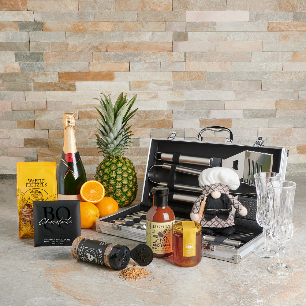 Birthday and Holiday Sparkling Wine Gift Basket with BBQ Tools – how the gift is presented