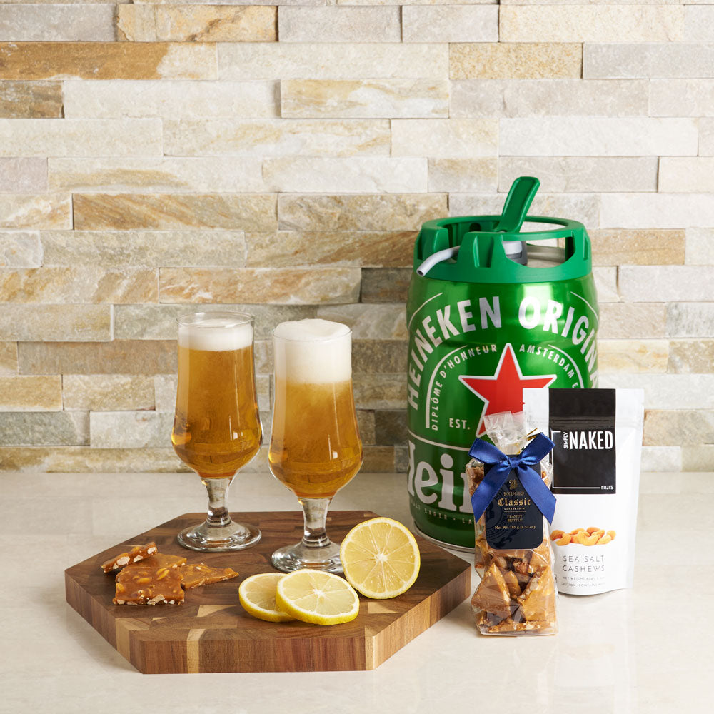 The Irish Pub Beer Set, beer gift sets, gourmet gifts, gifts, beer keg, beer, peanuts, pistachios, drinking glasses, cutting board