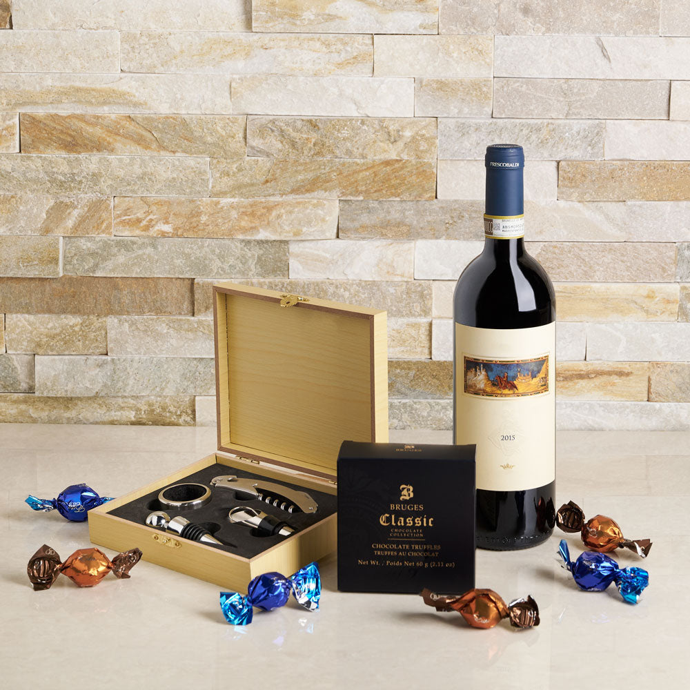 Deluxe Wine Gift Basket with Six Bruges Chocolate Truffles – how the gift is presented
