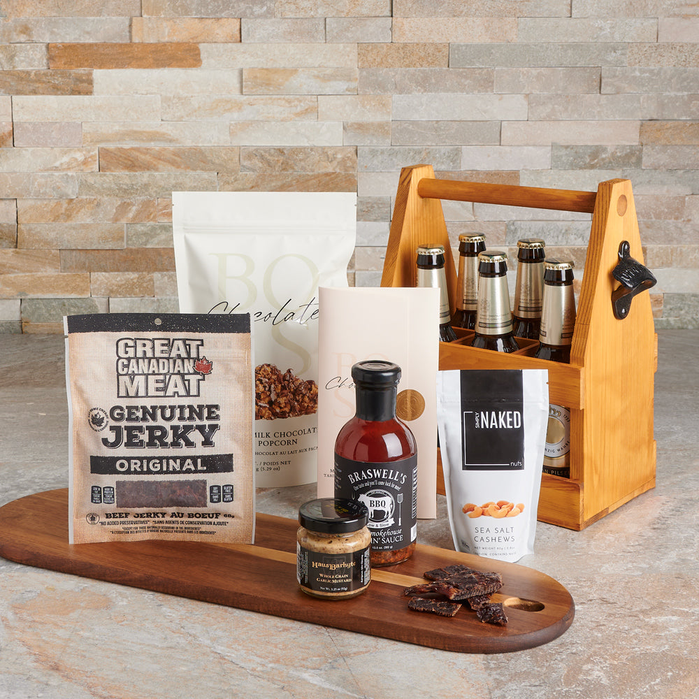 Premium Beer Gift Basket Featuring Caramel Popcorn and Jerky – how the gift is presented