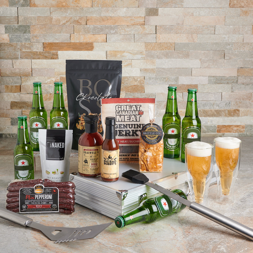 Gourmet Beer and Snack Gift Basket with Grill Utensils – how the gift is presented
