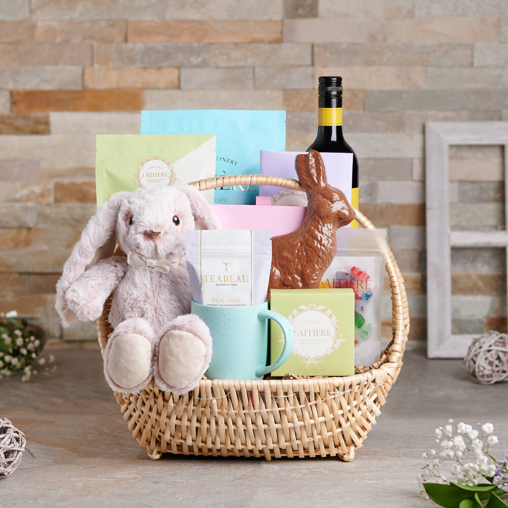 Wine and Bunny Plush Gift Basket – how the gift is presented