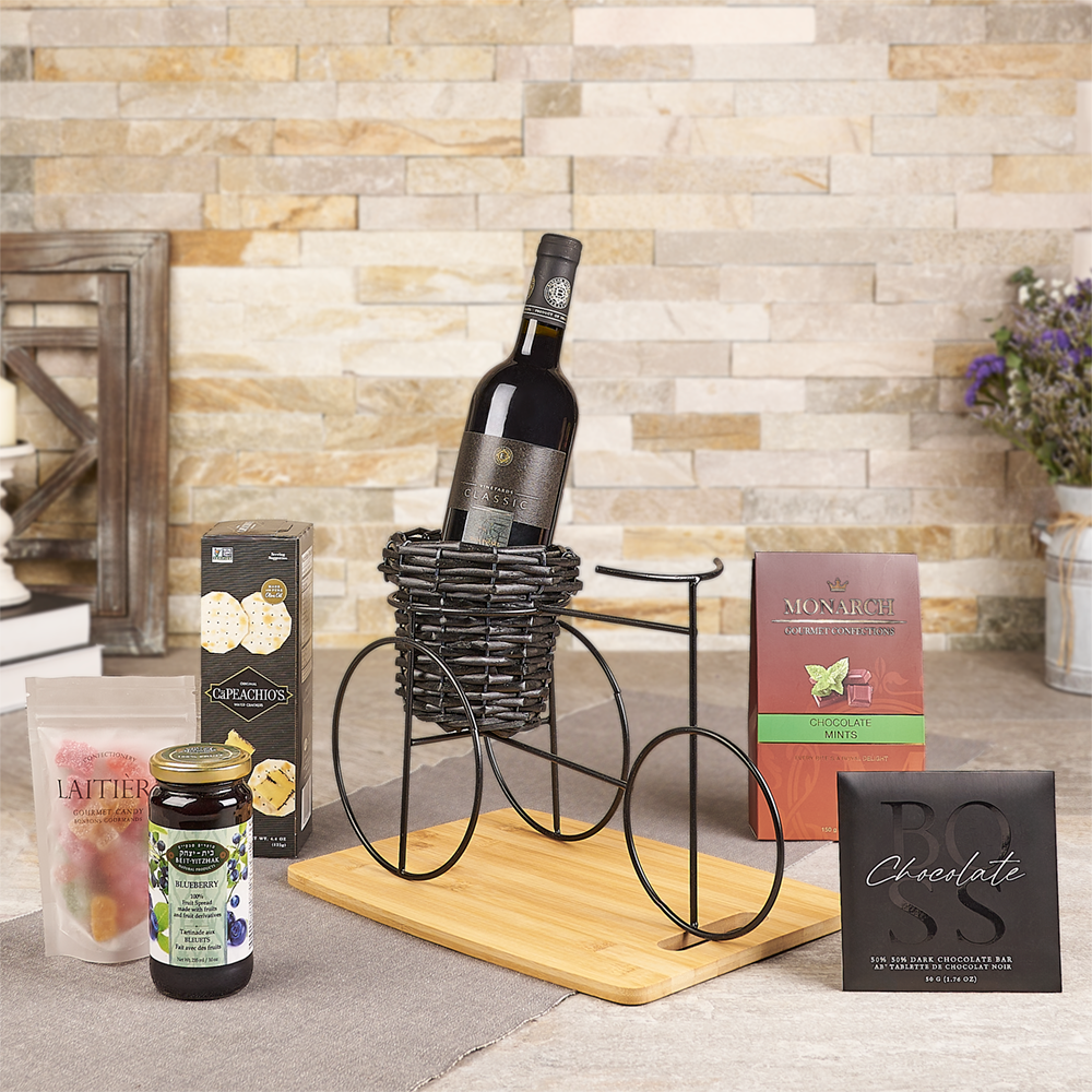 Elegant Kosher Wine Gift Basket with Dark Chocolate and Fruit Spread – how the gift is presented