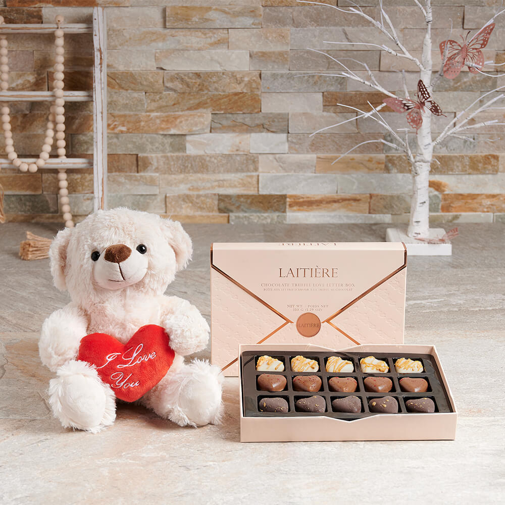 Plush Bear and Laitière Chocolate Truffle Letter Box Gift – how the gift is presented