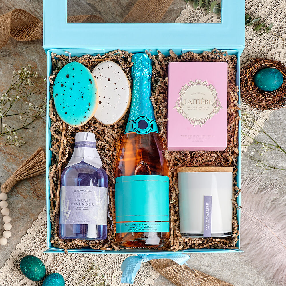 Easter Delight Spa Basket, spa gift, spa, easter gift, easter, champagne gift, champagne, sparkling wine gift, sparkling wine, chocolate gift, chocolate