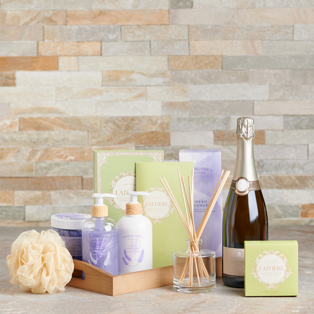 Sparkling Wine, chocolates, Chocolate, lavender, bath and body, bath, Spa, Set 24067-2021, lavender spa delivery, delivery lavender spa